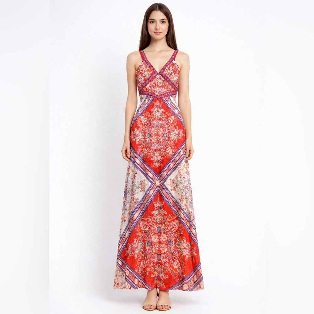 Soieblu Boho Floral Maxi Dress L Red Print Empire Waist Flowy Summer Festival